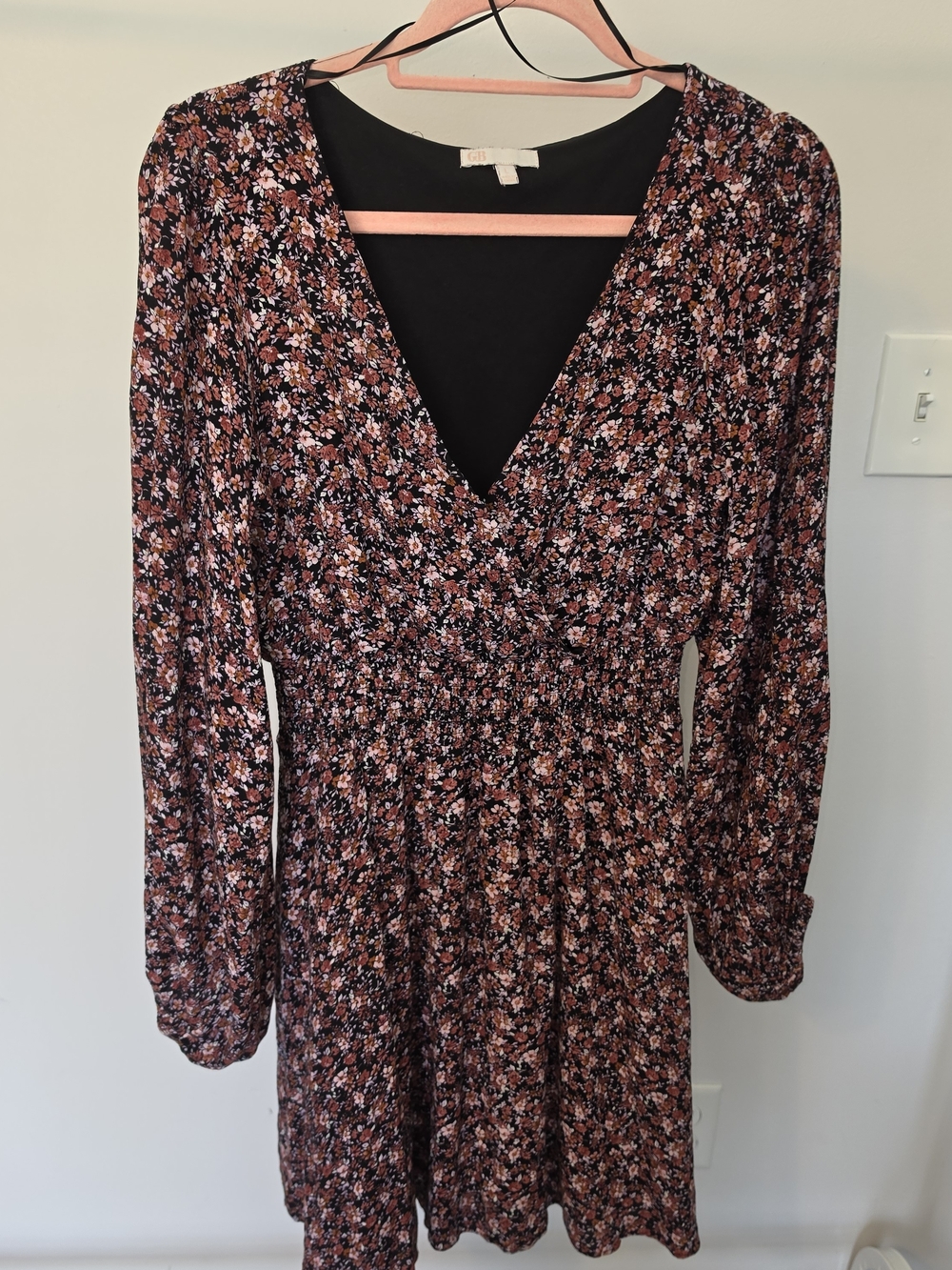 Gianni Bini Black Floral V-Neck Long Sleeve Dress with Rust and Pink Accents